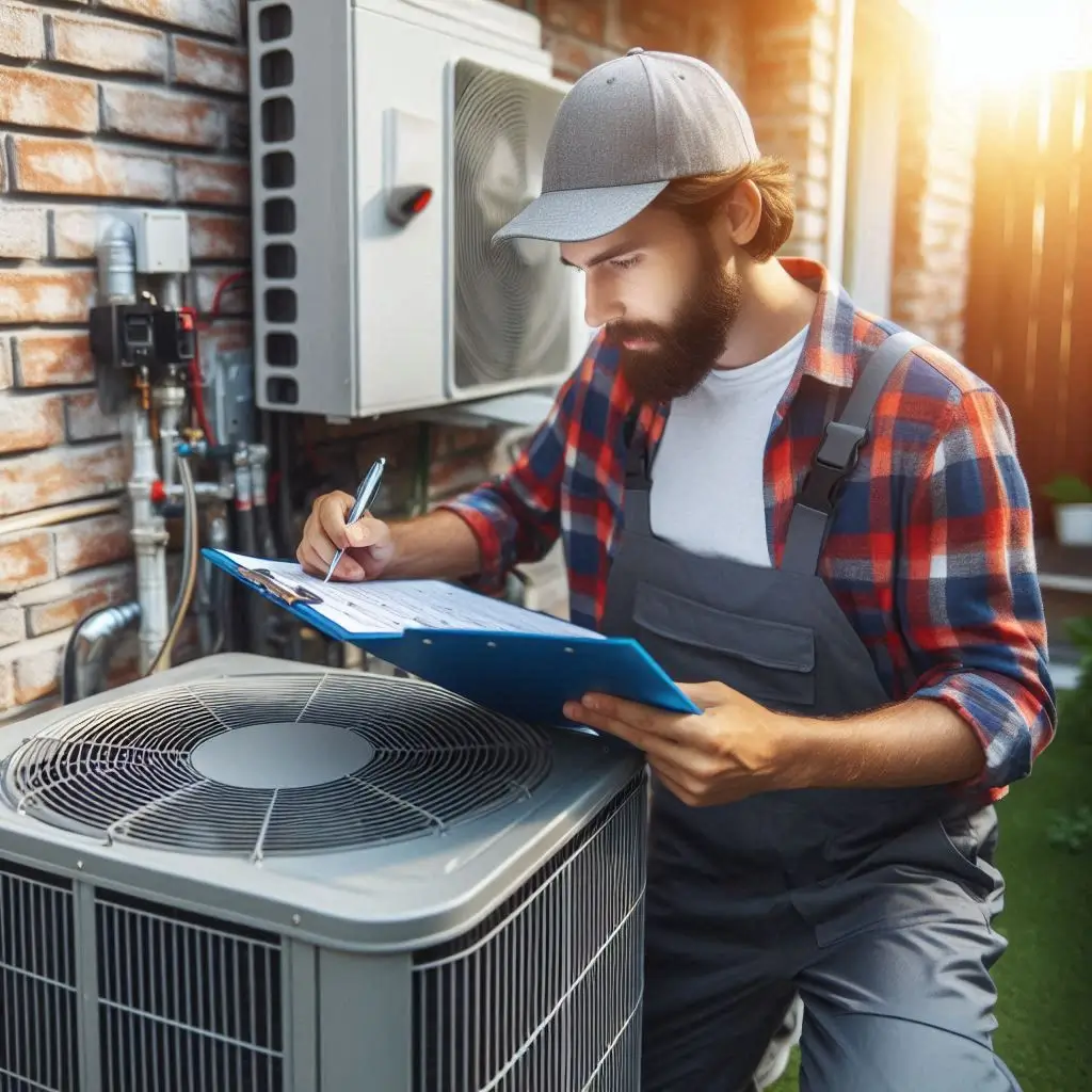 A professional HVAC technician performing a routine maintenance check on an outdoor air conditioning unit, ensuring efficiency and performance.