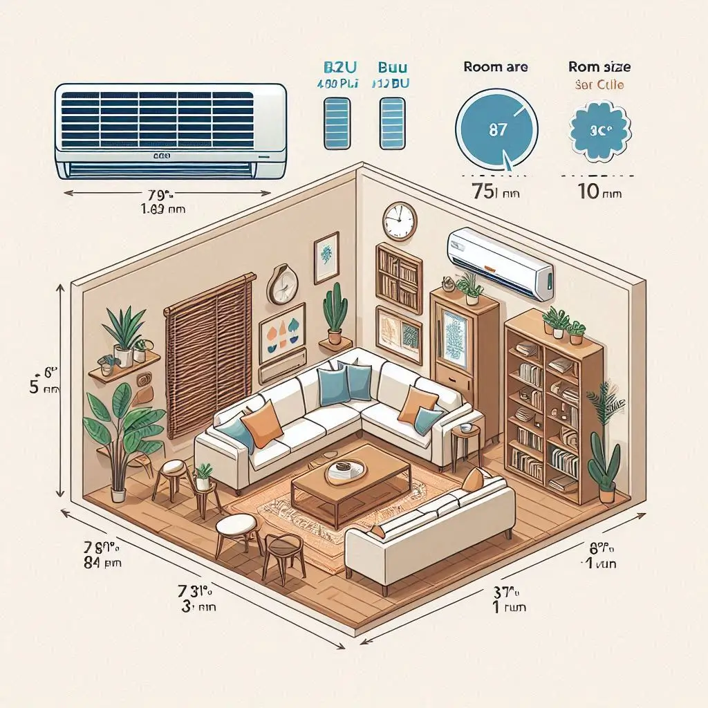 A diagram showing the correct BTU sizing for air conditioners based on room size, helping homeowners understand the relationship between room area and cooling capacity.
