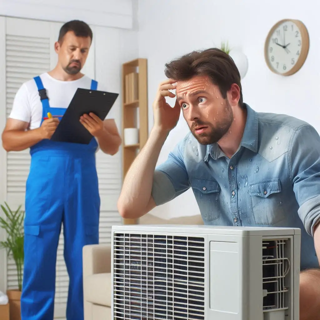 A sweating homeowner looking at a malfunctioning air conditioner while an HVAC technician in uniform is troubleshooting the issue, ensuring a quick and efficient repair.
