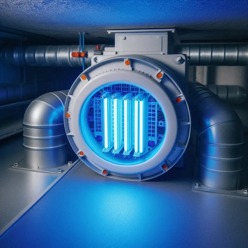 A UV light installed inside an HVAC system, emitting a blue glow while purifying the air passing through the ducts.