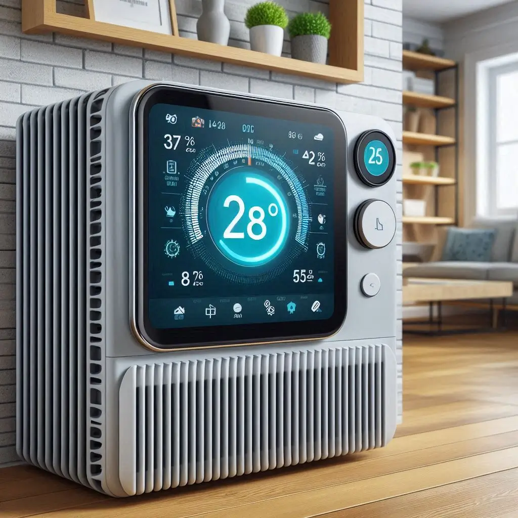 A modern energy-efficient HVAC system installed in a home with a digital smart thermostat displaying an optimized temperature setting for cost savings.