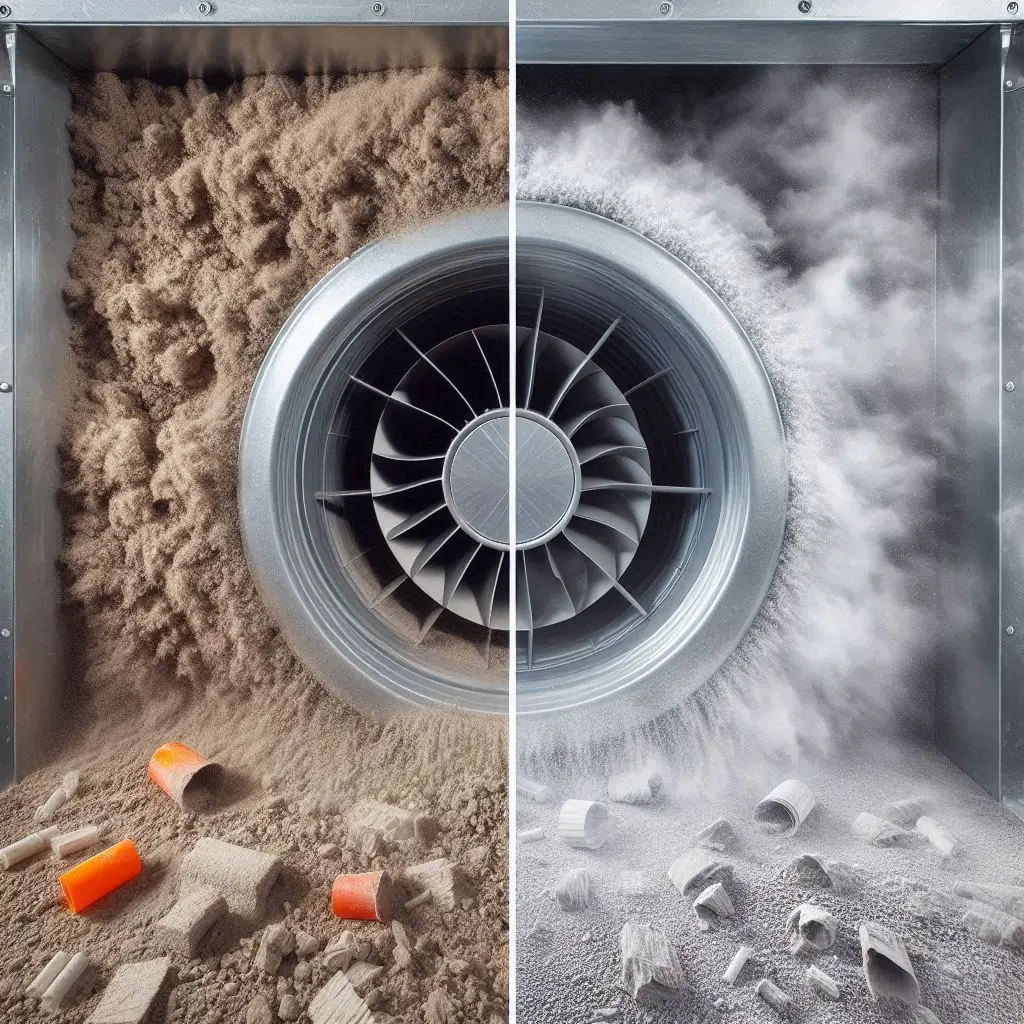 A before-and-after comparison of a dirty air duct filled with dust and debris versus a freshly cleaned duct with improved airflow.