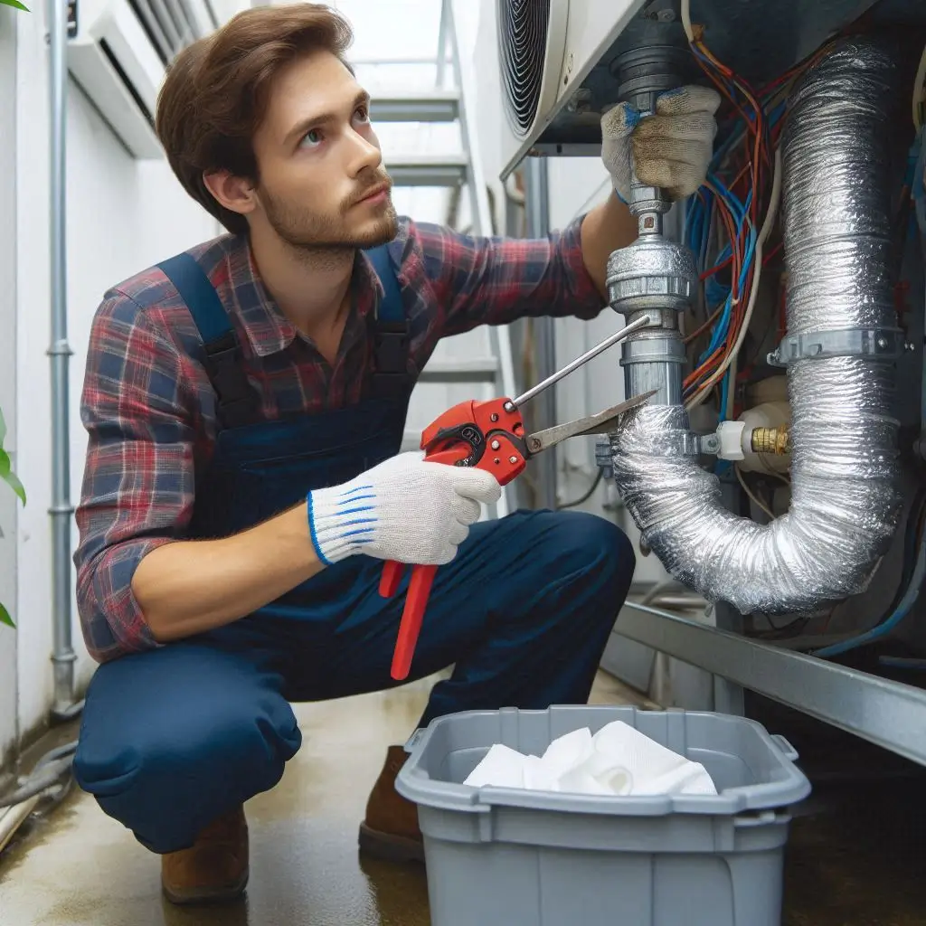 "Technician cleaning the condensate drain line of an ARS air conditioning system to prevent water damage and maintain proper functionality."