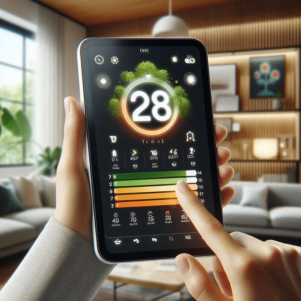 A modern, smart thermostat displaying temperature control options for multiple zones, with an energy efficiency rating shown on the screen.
