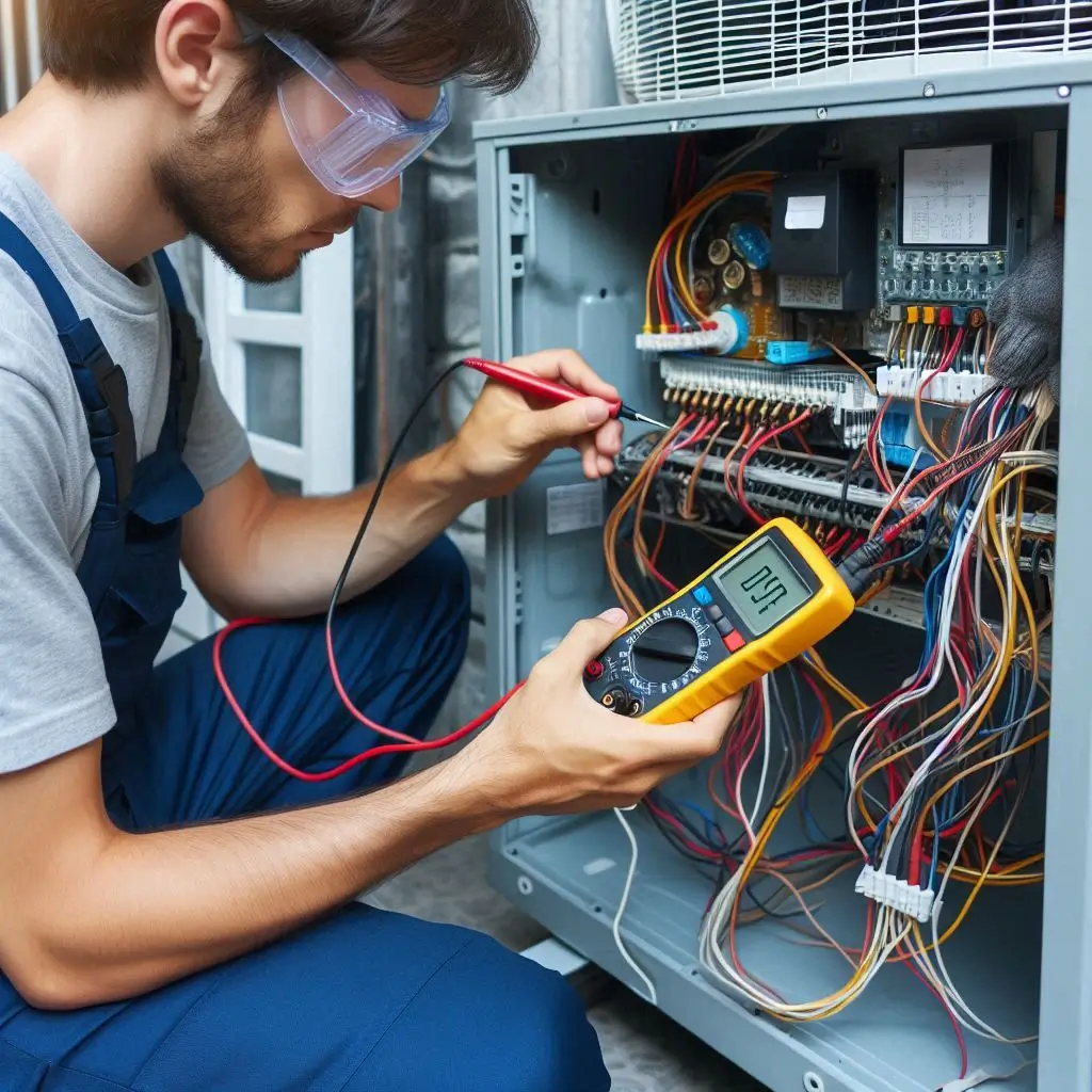 A technician using a multimeter to check the electrical connections of an air conditioner unit.