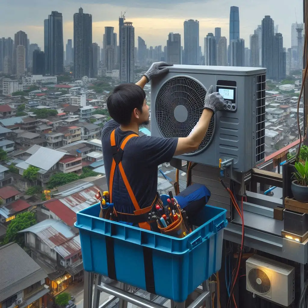"A technician installing an AC unit in a high-rise building, showing accessibility challenges in urban areas."