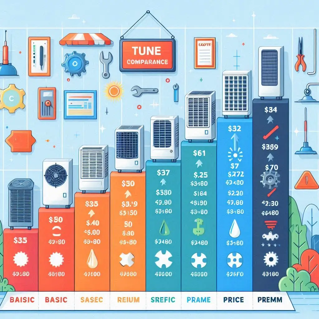 A cost comparison chart displaying different AC tune-up service levels, ranging from basic to premium, with price estimates for each category.