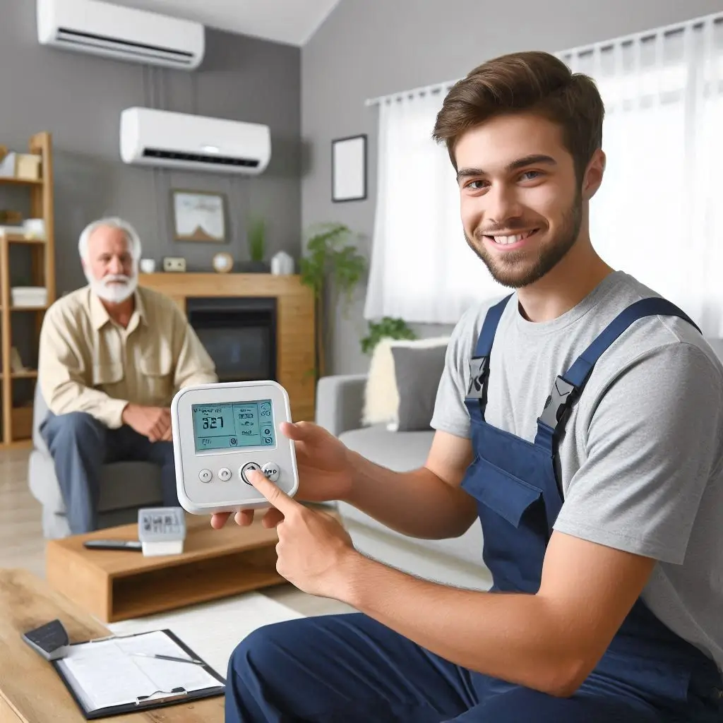 "Technician showing the homeowner how to use the thermostat and operate the ARS air conditioning system, with the system running in the background."