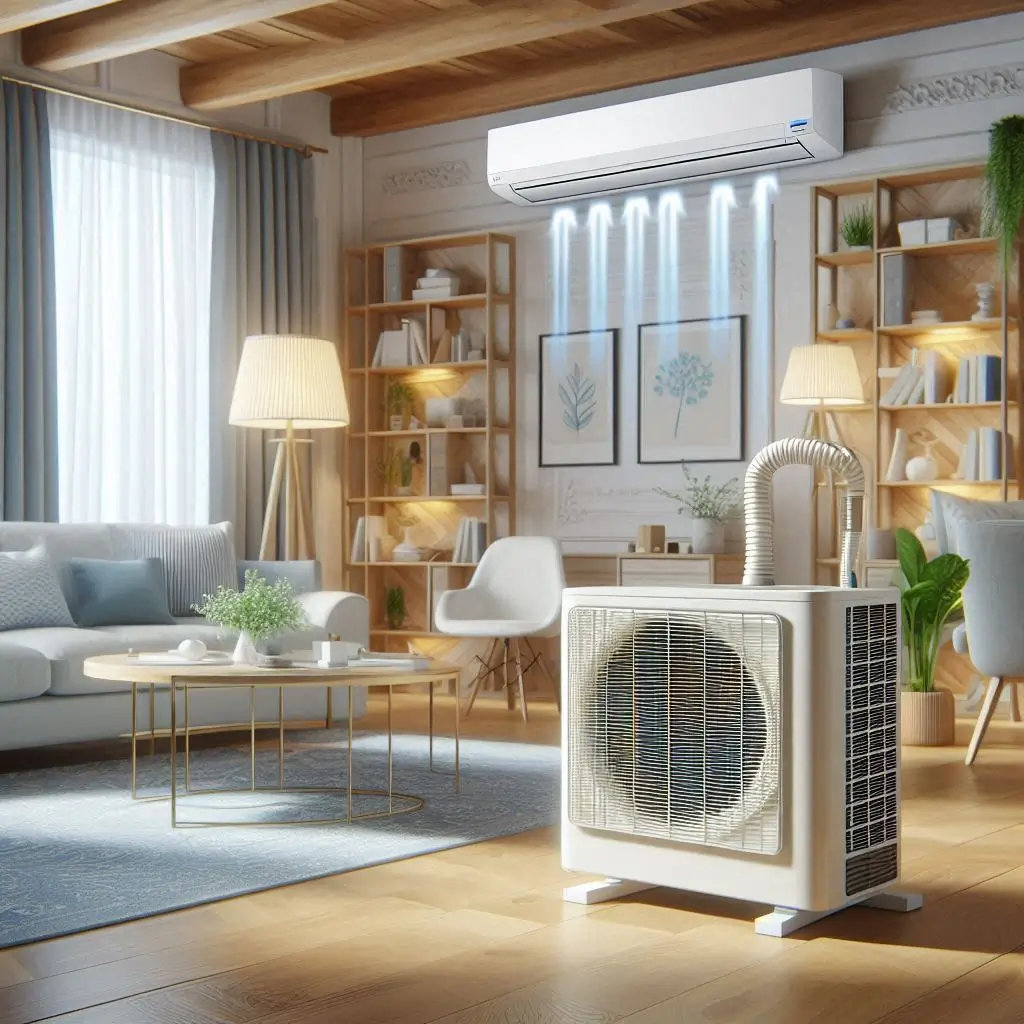 "A clean and well-maintained air conditioning unit running efficiently in a home, with cool air circulating and a comfortable indoor environment."