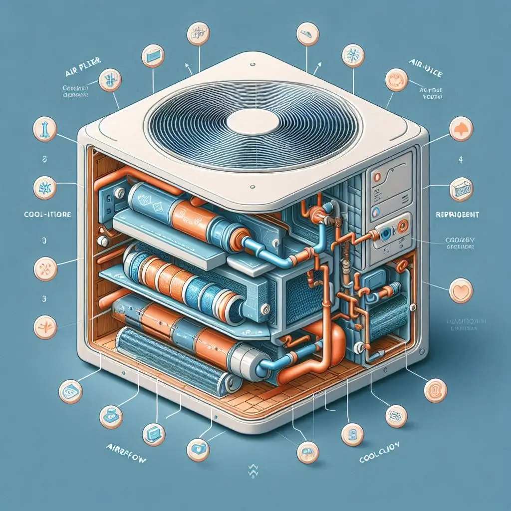 A cross-section illustration of an air conditioning system with labeled components, showcasing airflow and energy efficiency. The image should highlight features like air filters, refrigerant lines, and cooling coils.