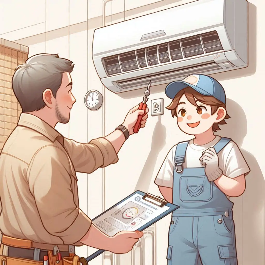 "A technician is inspecting the air conditioner's thermostat, ensuring the system runs efficiently without constantly turning off due to airflow restrictions."