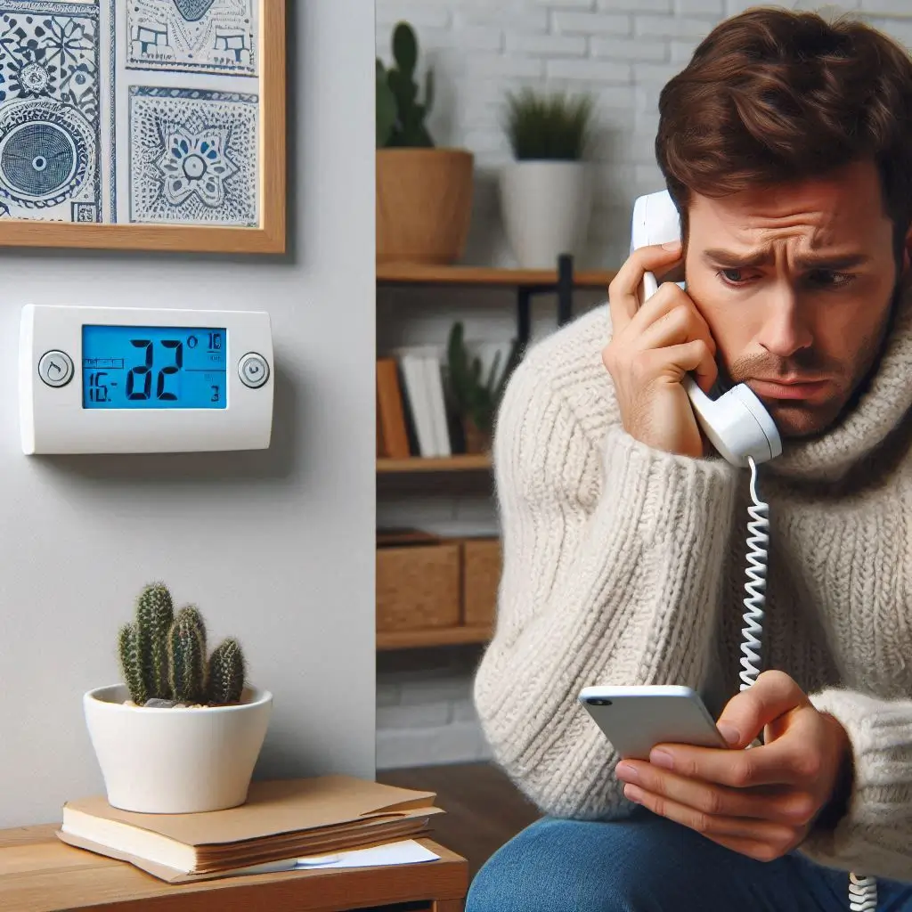 A worried homeowner making a phone call for emergency HVAC service while wearing a sweater in a cold home. A thermostat on the wall shows a low temperature.]