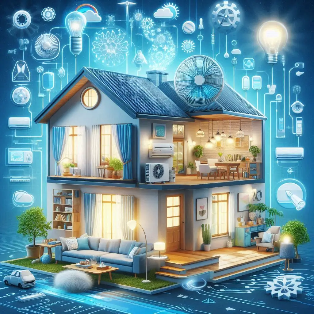 "A home with a well-maintained air conditioning system running efficiently, showing a reduction in energy usage and lowering utility bills."