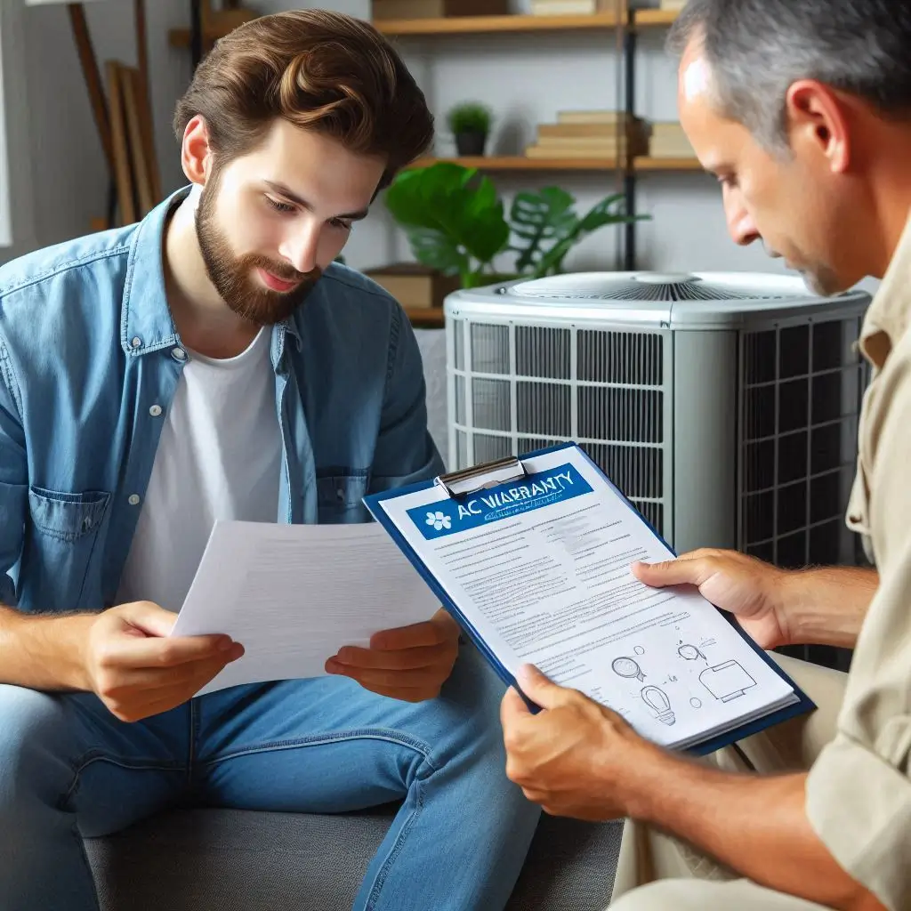 A homeowner reading an AC warranty document, discussing coverage options with a technician.