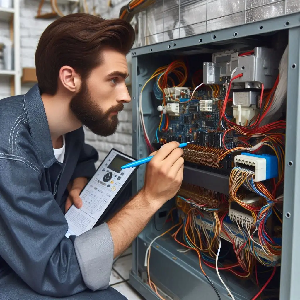 "An HVAC technician inspecting the air conditioner’s electrical components during a tune-up, checking for any loose connections or potential issues."