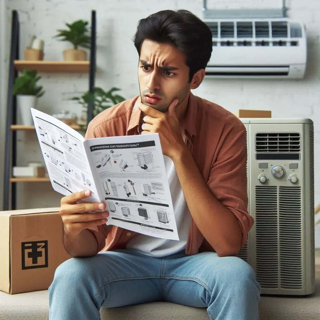 A person reading an instruction manual with an air conditioning unit in the background, indicating confusion about DIY installation.