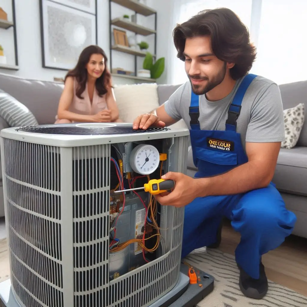 "A technician from One Hour Heating and Air repairing an air conditioner on a hot summer day. The technician is focused on fixing the unit, while the homeowner looks relieved as the indoor temperature is restored."