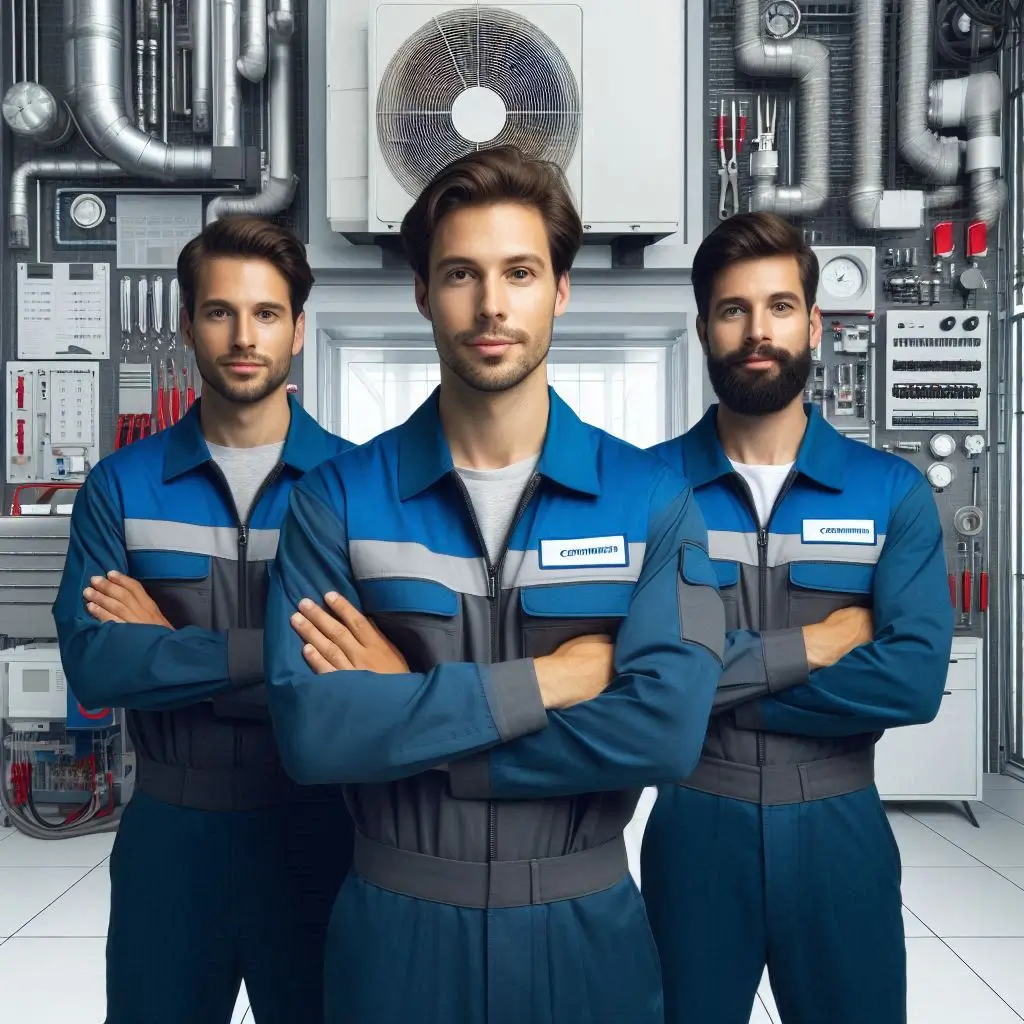 Generate an image of a team of professional HVAC technicians in branded uniforms, showing their expertise and readiness to serve multiple locations.