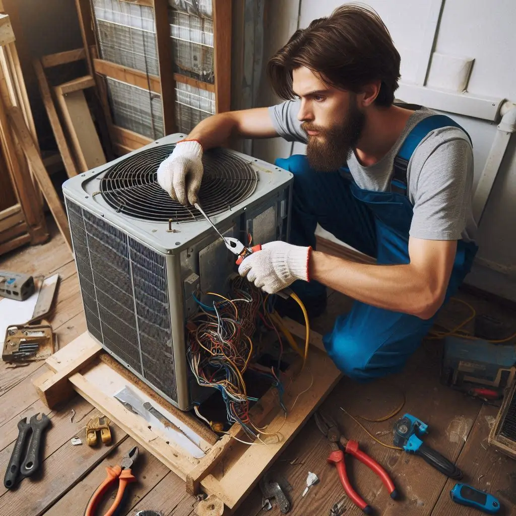 An image showing an HVAC technician removing an old air conditioning unit and preparing for installation of a new one.