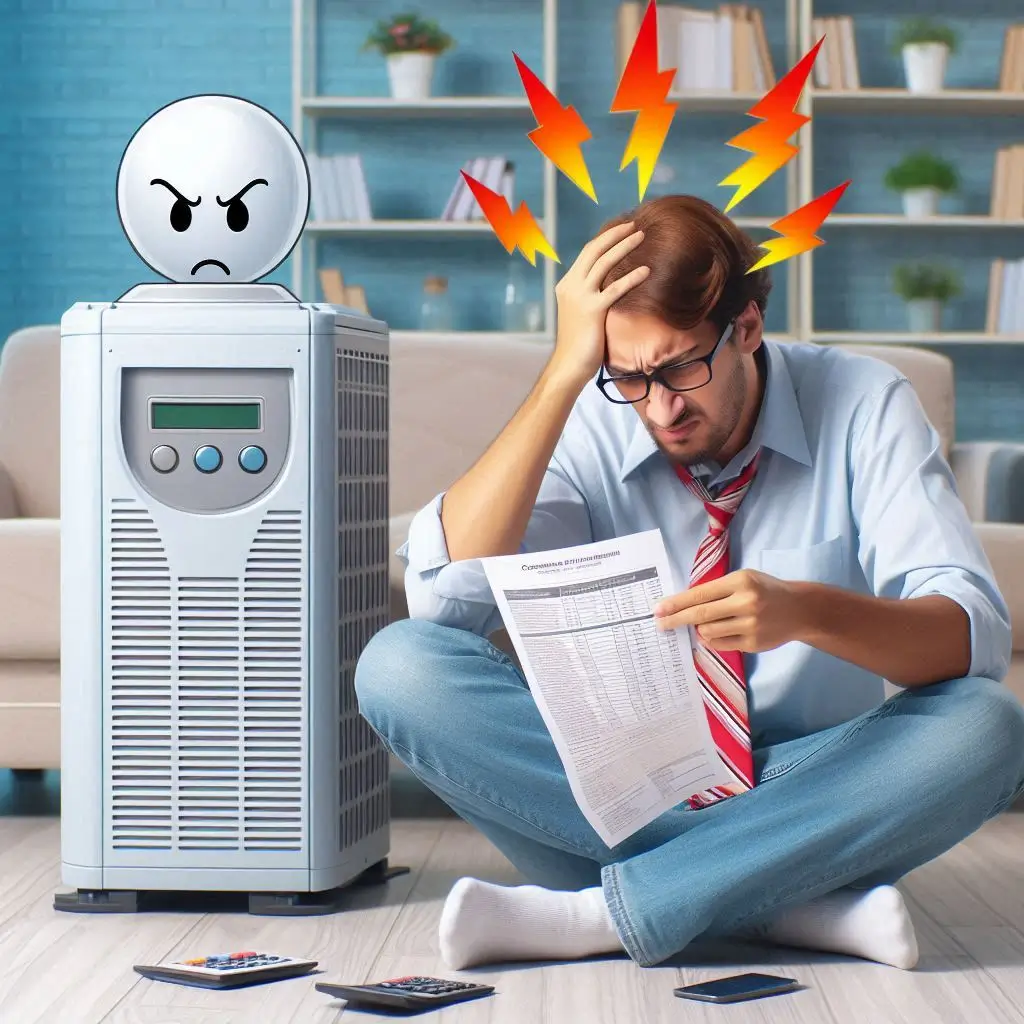 A frustrated homeowner looking at a high energy bill, with an AC unit in the background, representing the consequences of poor maintenance.