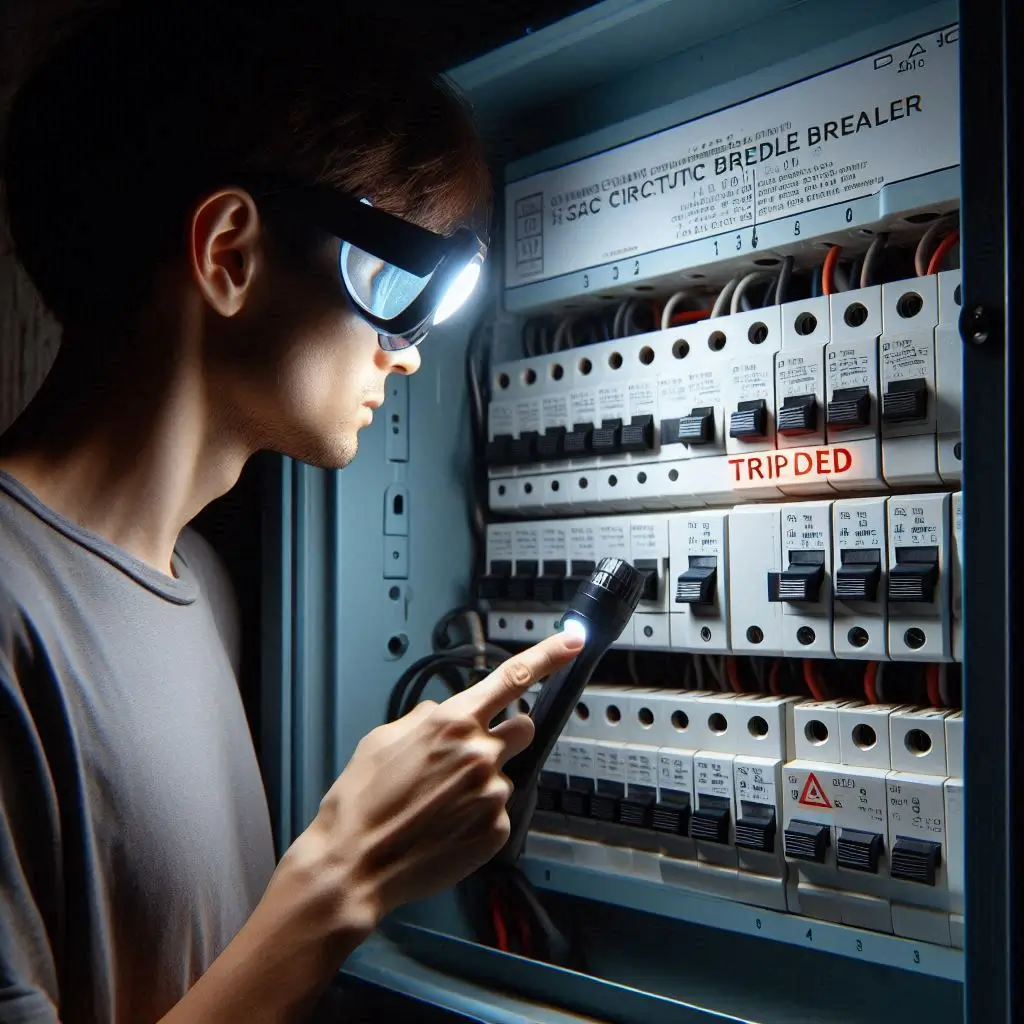 A person checking the circuit breaker panel, looking for a tripped breaker labeled "AC" while holding a flashlight.