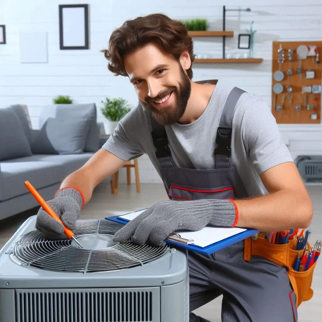 "An experienced HVAC technician professionally installing an air conditioning unit in a residential home."