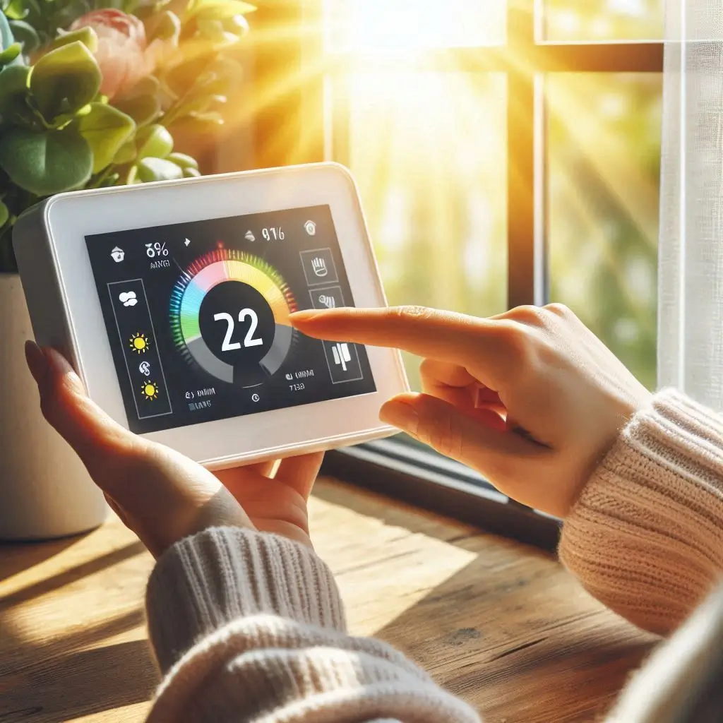 A homeowner adjusting a smart thermostat while sunlight streams through a window, symbolizing seasonal HVAC adjustments during spring.