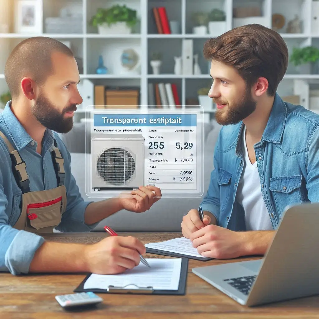 Generate an image of an HVAC technician discussing a transparent estimate with a homeowner, highlighting clear pricing and professionalism.