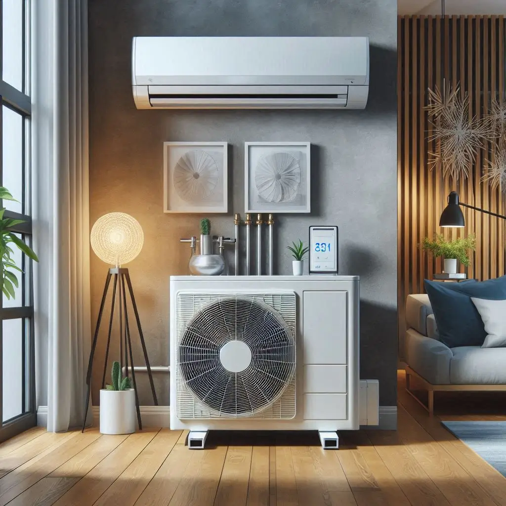 A modern split AC system with an outdoor compressor unit and an indoor evaporator unit visible in a well-ventilated room.