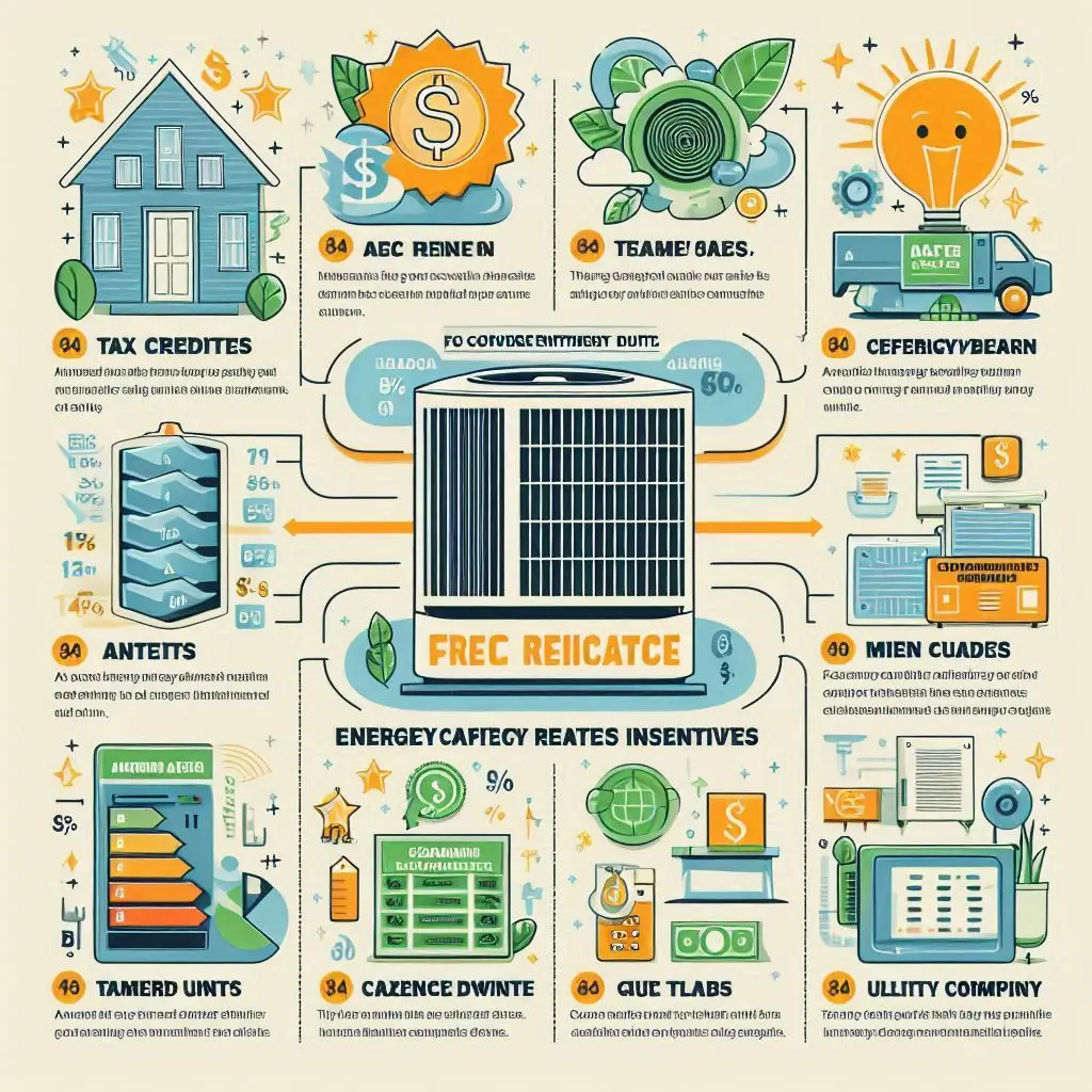 "An infographic displaying available government rebates and incentives for energy-efficient AC units, including tax credits and utility company programs."