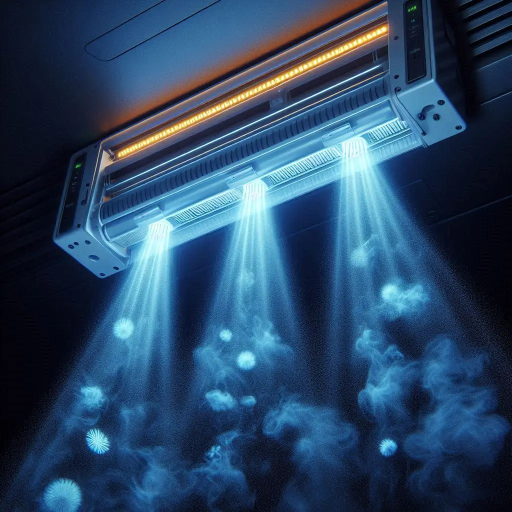A close-up view of a UV light installed inside an HVAC system, actively purifying the air as it passes through.