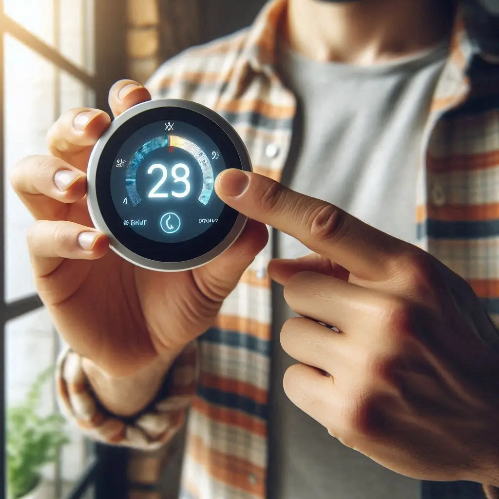 A person adjusting a smart thermostat, optimizing temperature settings for energy efficiency.