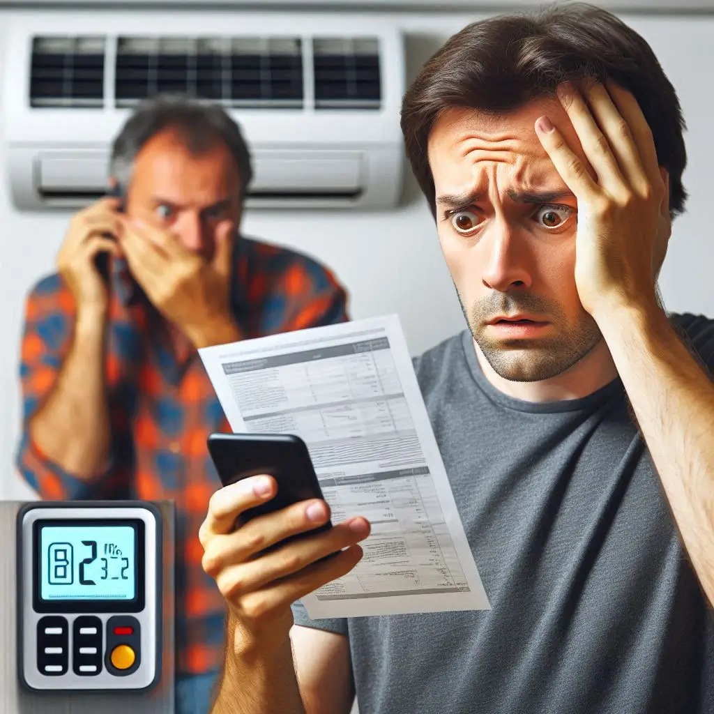 A worried homeowner looking at a high energy bill while standing next to an air conditioning unit, with a digital thermostat displaying an error code.
