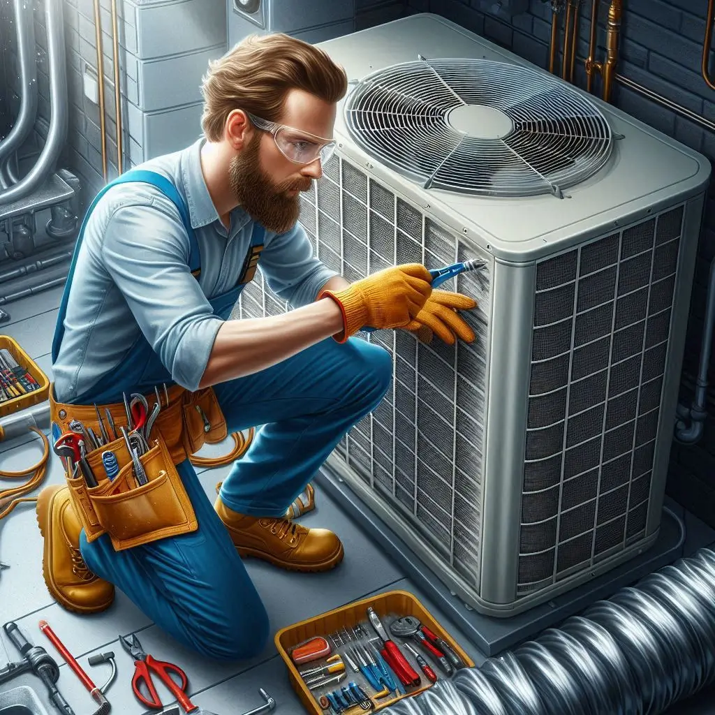 "An HVAC technician conducting preventative maintenance on an air conditioning unit. The technician is cleaning the coils and inspecting the system, ensuring it runs smoothly for extended life."