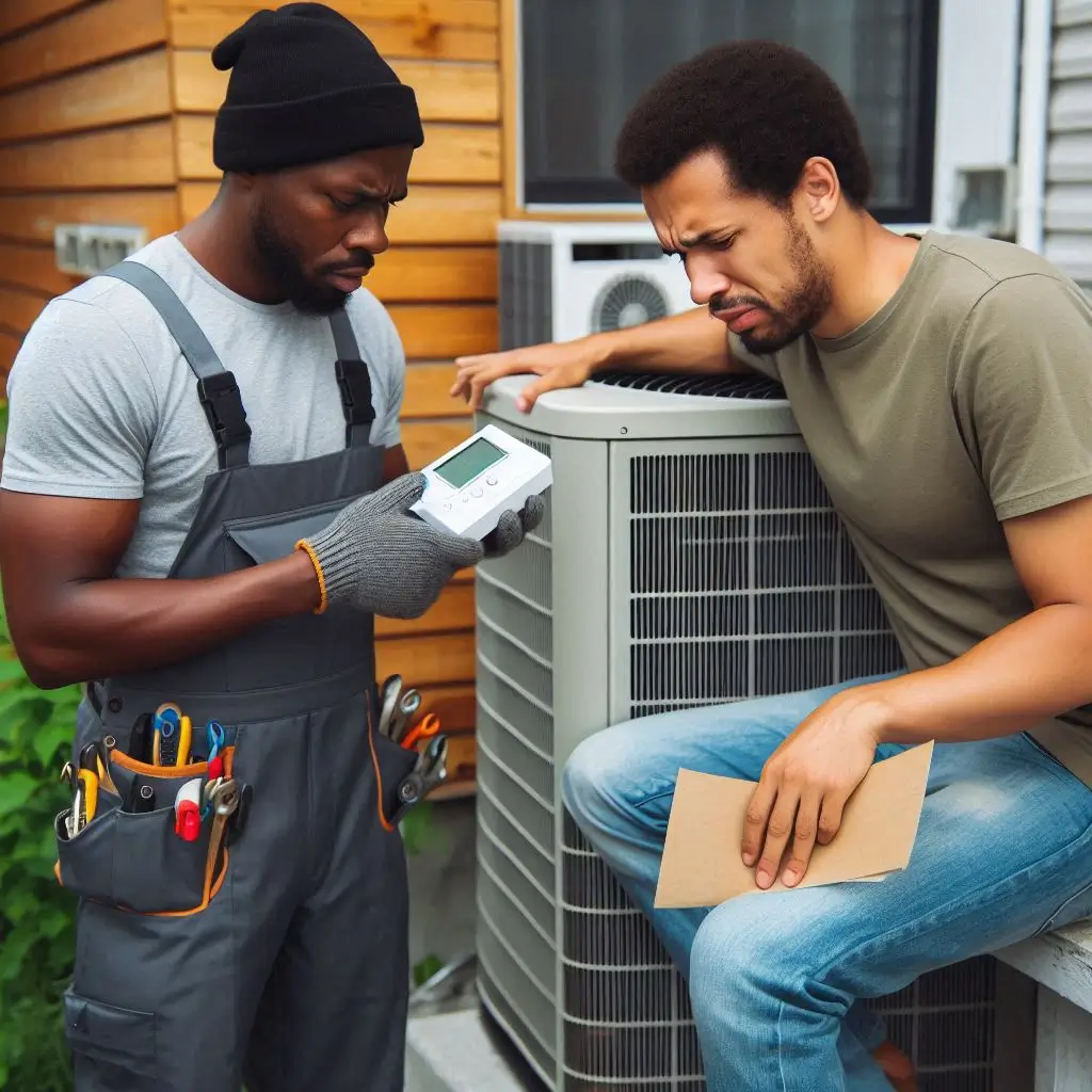 A frustrated homeowner looking at an unresponsive thermostat, while an HVAC technician inspects an outdoor AC unit for potential issues.