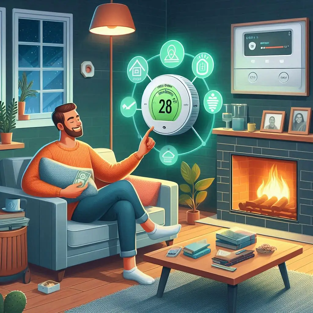 "An image showing a homeowner enjoying comfort and savings with a smart thermostat installed, highlighting the value-added benefits of energy-efficient HVAC systems."