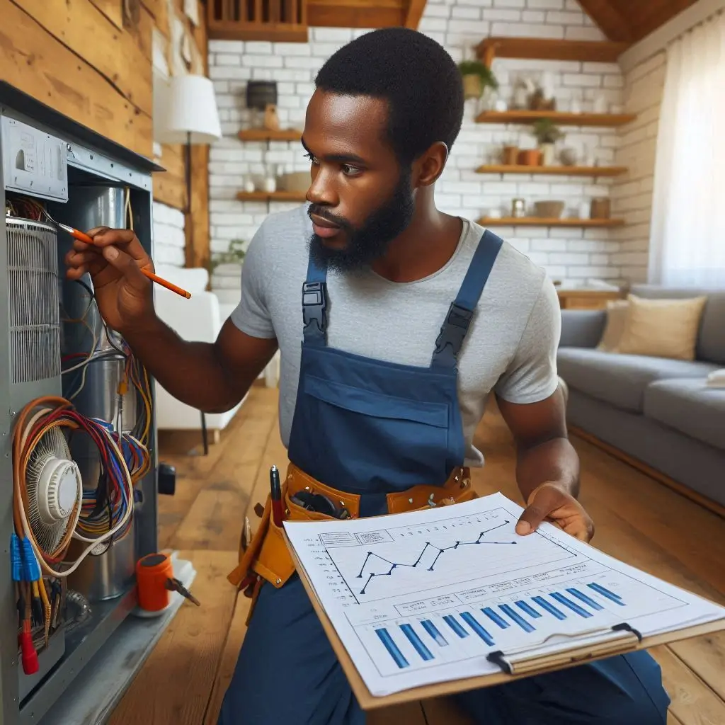 Image of an HVAC technician inspecting a home's existing system, taking measurements, and performing an evaluation. Include a chart showing cost breakdown or estimate details.