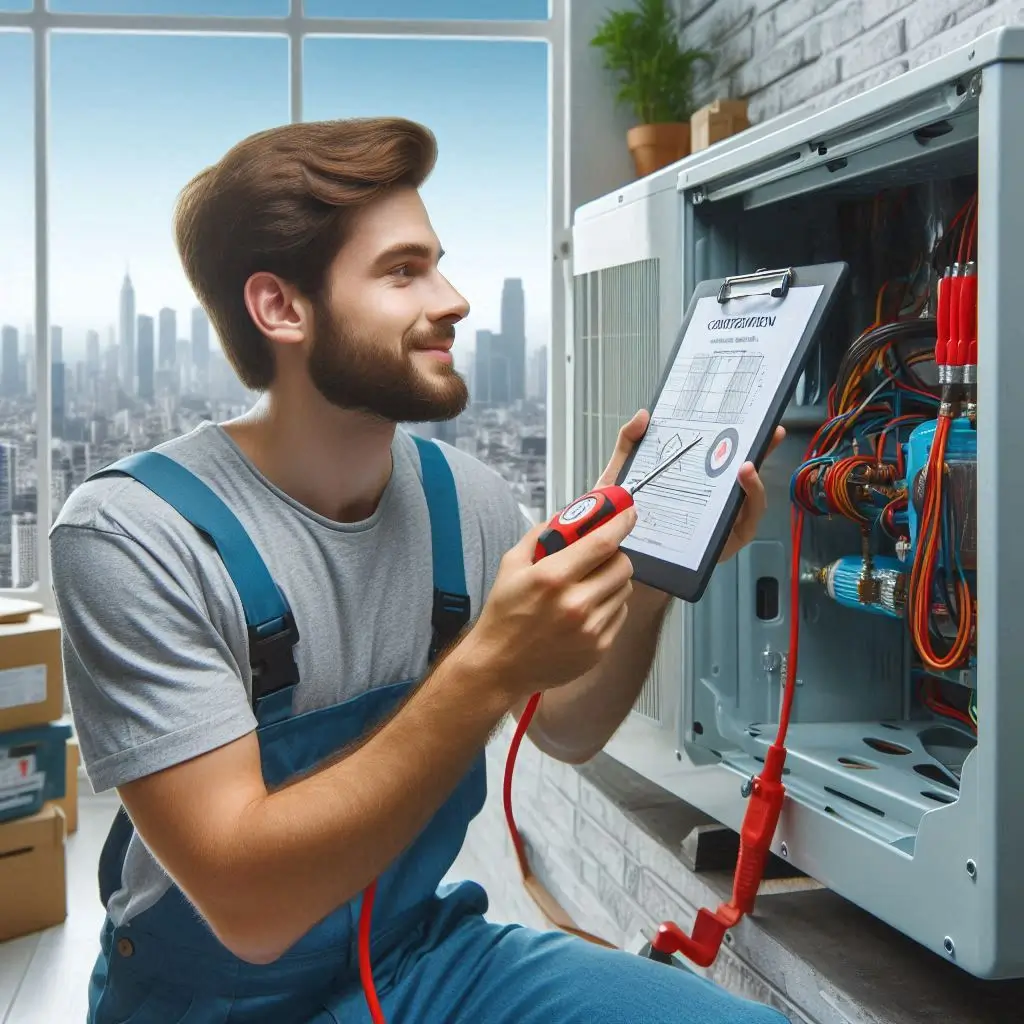 "An HVAC technician performing a safety check on the AC unit before completing the installation."