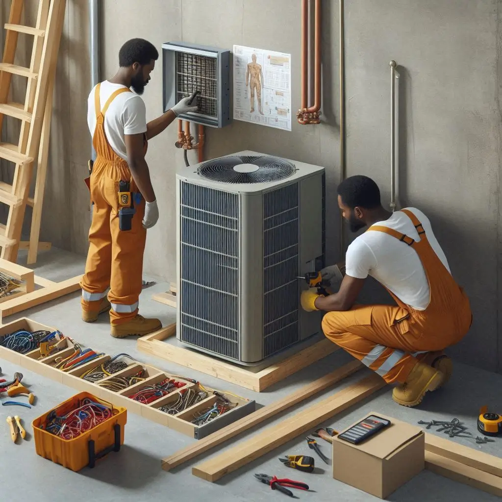 "Technicians preparing the installation area, including clearing space for the indoor unit and setting up a concrete slab for the outdoor condenser."