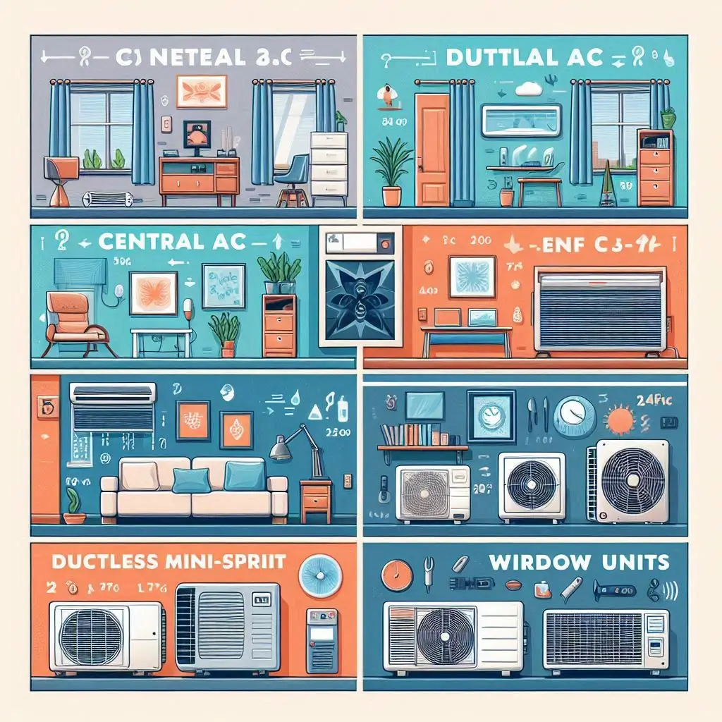 A comparison chart of different AC systems, including central AC, ductless mini-split, and window units, with their pros and cons visually represented.