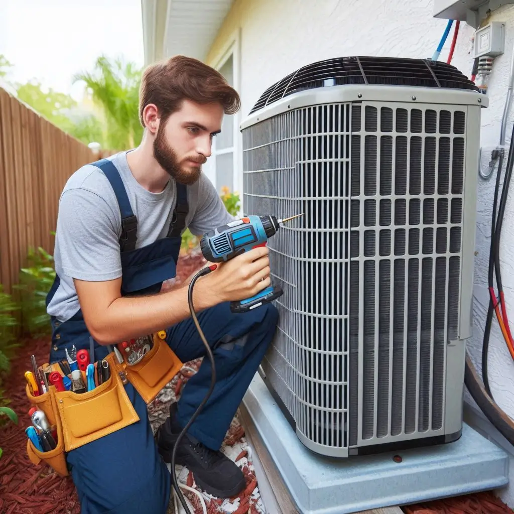 "An HVAC technician servicing an air conditioning unit outside a home in Ocala, FL. The technician is inspecting and repairing the AC unit to ensure optimal functionality for a comfortable indoor environment."