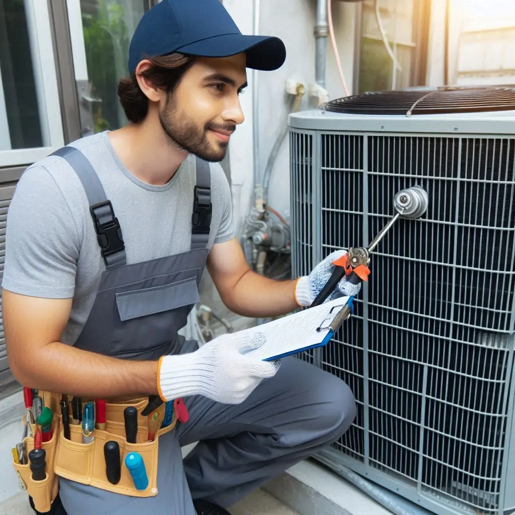 An HVAC technician performing a seasonal AC inspection, using tools to check refrigerant levels while standing next to an outdoor AC unit.
