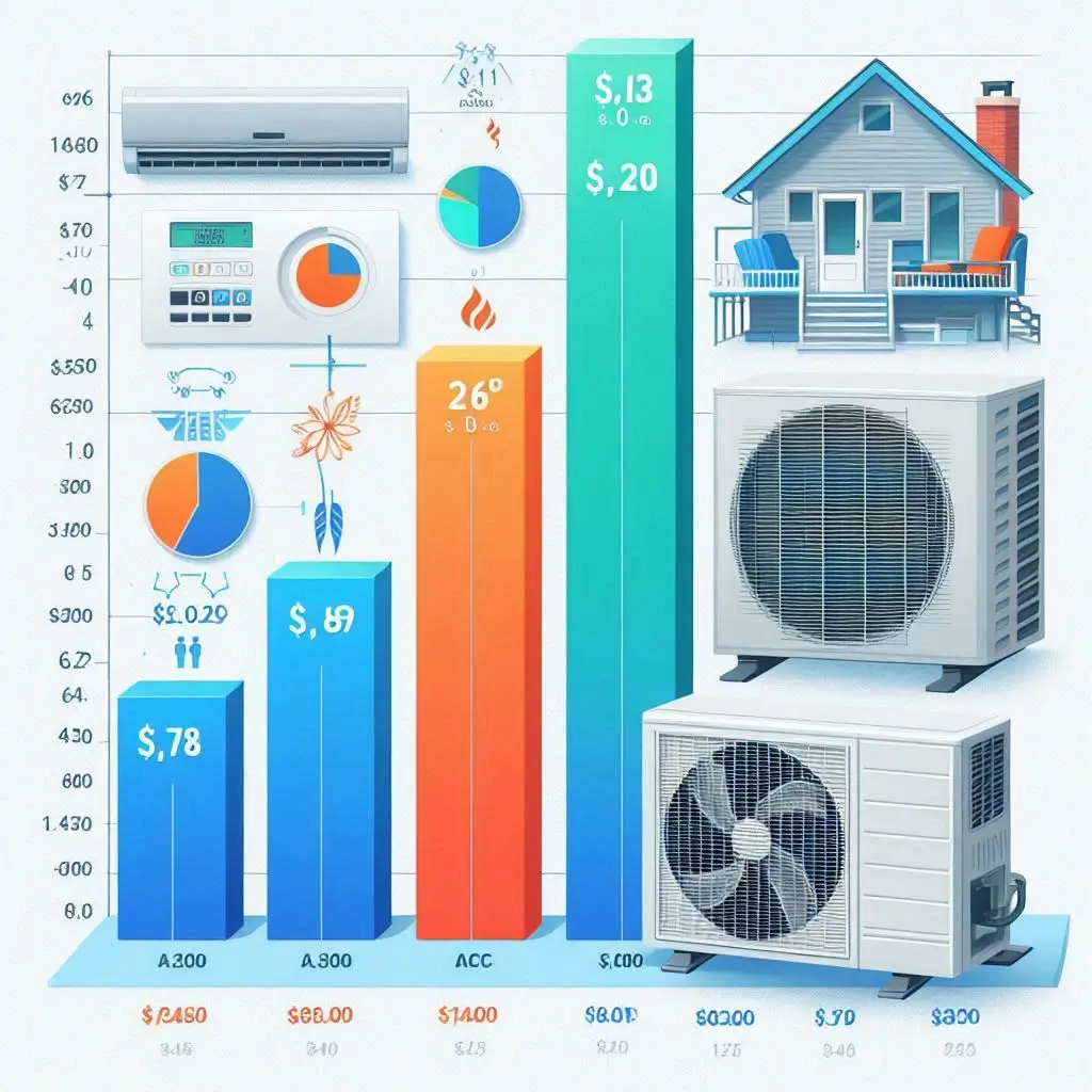 A graph showing the average cost range of various AC unit types, such as central AC, ductless systems, and high-efficiency models, with cost breakdowns for units, labor, and installation.