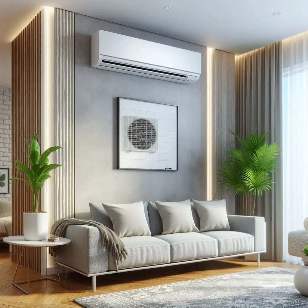 A ductless air conditioning unit being installed on a wall, highlighting the sleek design and minimal intrusion in a living room.