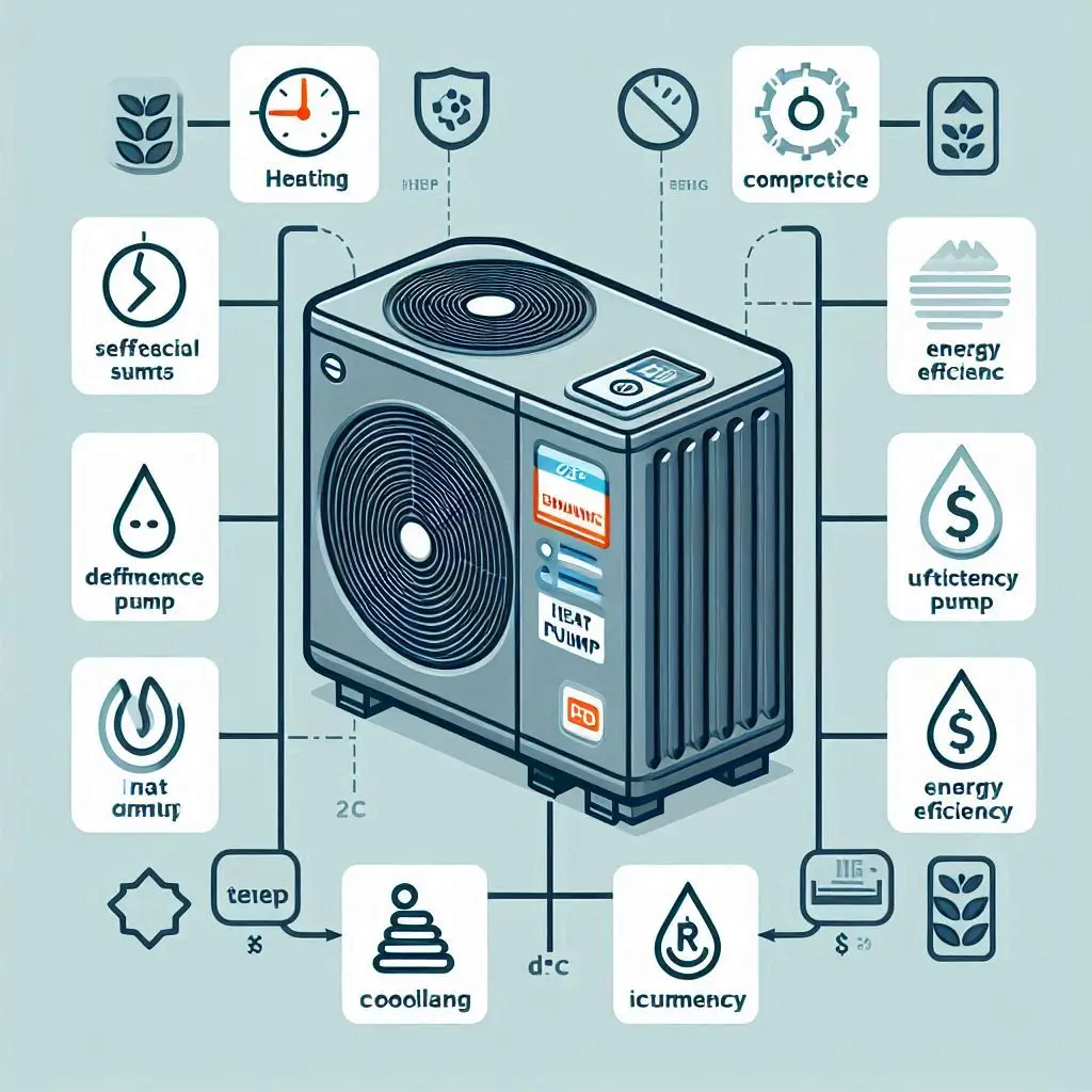 A labeled diagram of a heat pump system, showing its dual function for heating and cooling, with energy efficiency ratings highlighted.