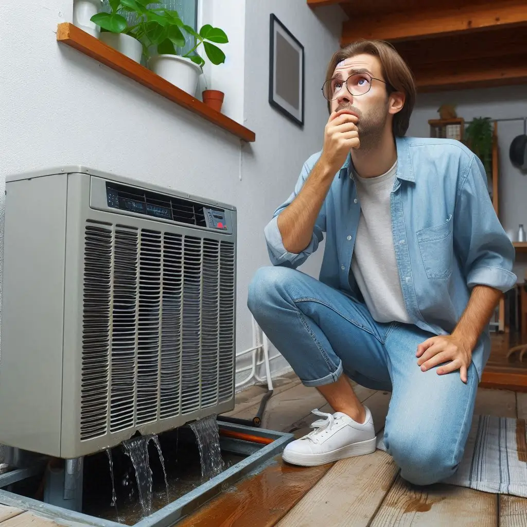 A worried homeowner checking their AC unit, noticing water leaks near the indoor air handler.
