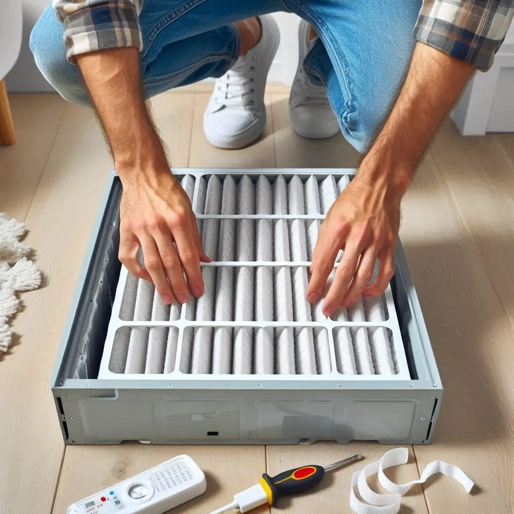 A homeowner removing a dirty HVAC air filter and replacing it with a clean one, with clear airflow indicators.
