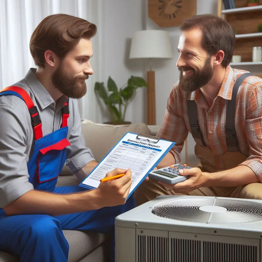 A homeowner receiving a service estimate from an HVAC technician, reviewing pricing details for one-hour emergency repair.