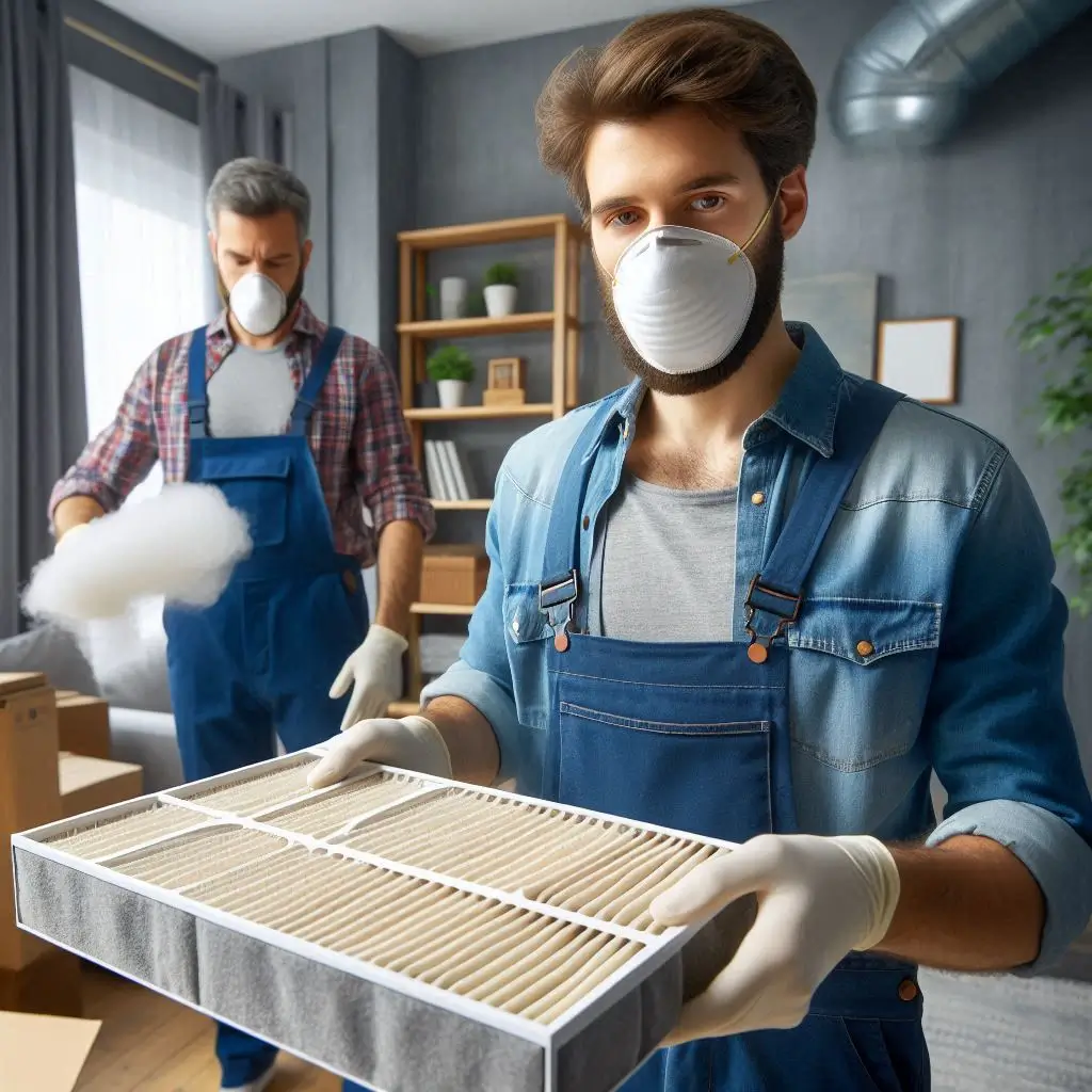 A homeowner replacing a clogged HVAC air filter with a clean one, ensuring better airflow and efficiency.