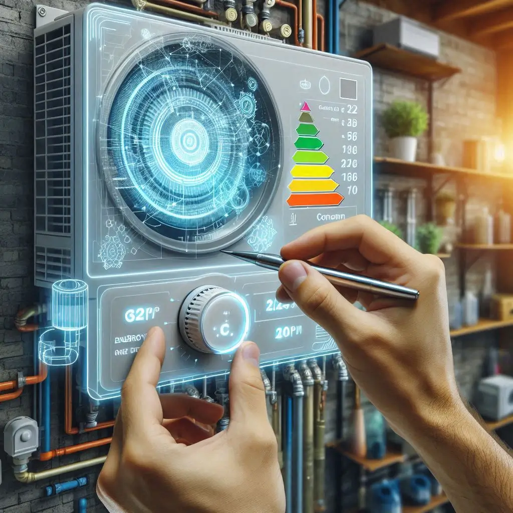 Create an image showing an HVAC system with clear indicators of energy savings, such as a digital energy meter or a comparison of energy consumption before and after maintenance.